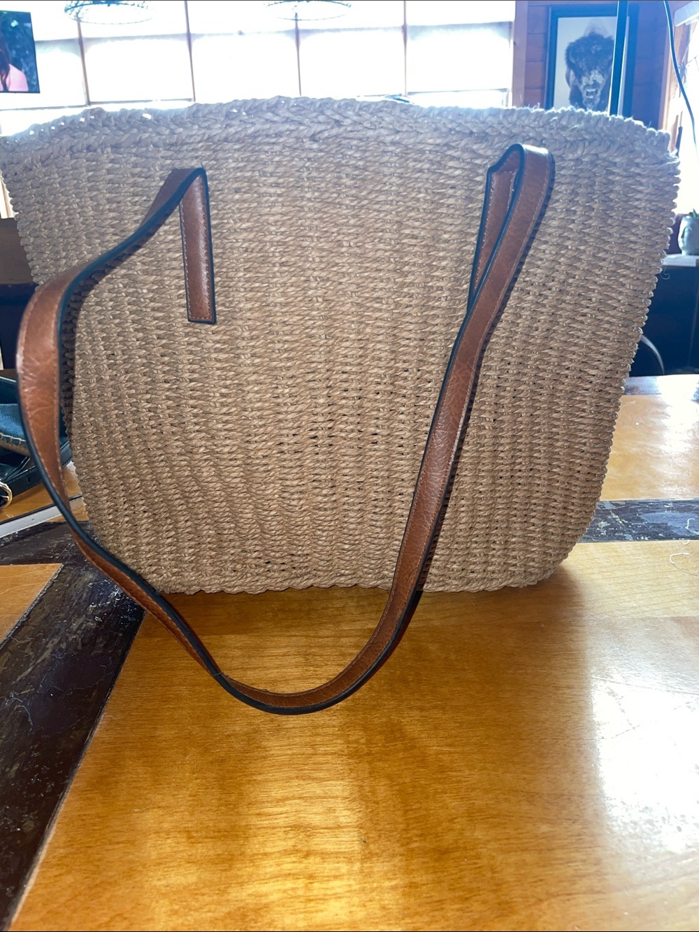 Large Neutral Woven Tote with Brown Leather Straps